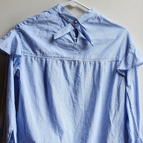 Blue Ruffled Micro-Striped Blouse Size Medium - Picture 14 of 16
